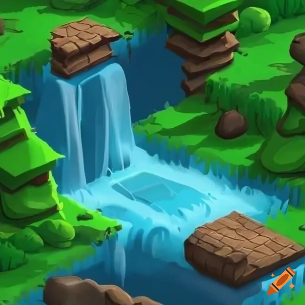 Isometric Top down View Of A Scenic Waterfall In A Video Game On Craiyon