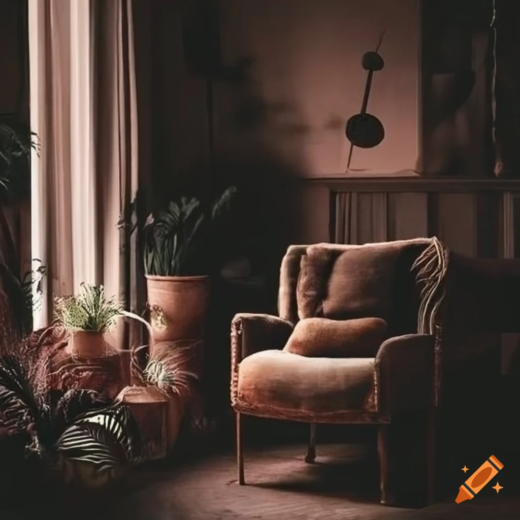 cozy dark academia room with armchair and plants