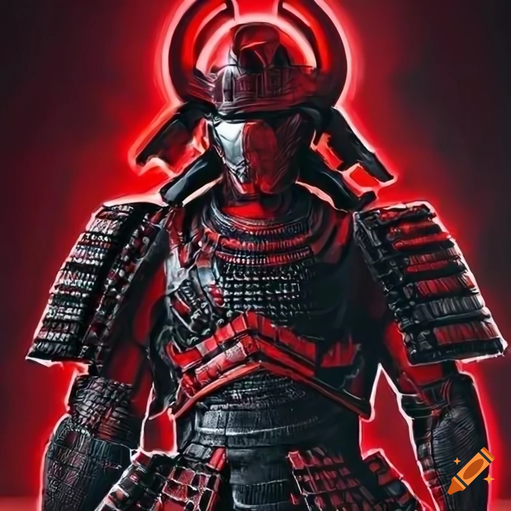 Black and red action figure body humanoid knight samurai with a katana in  one of yours hand using a hanya mask on Craiyon