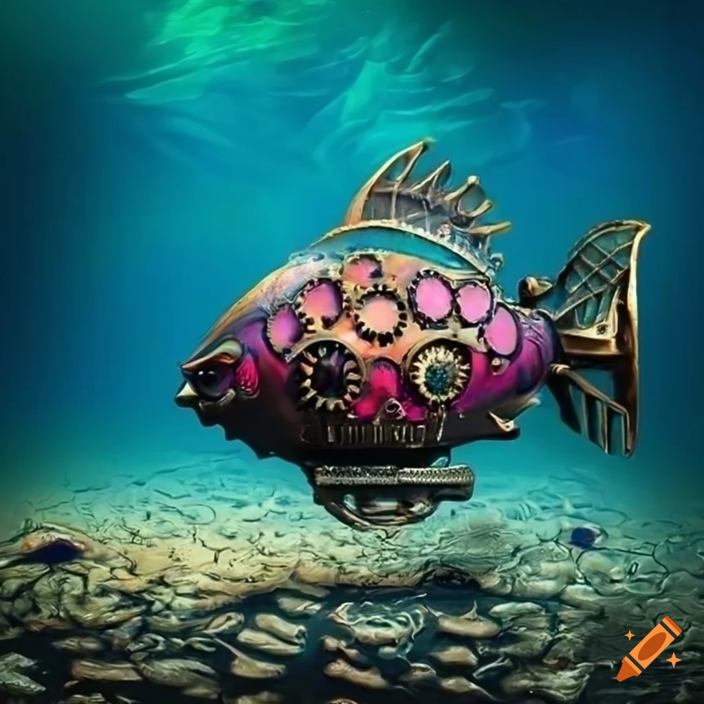bronze-copper steampunk airship over tropical beach
