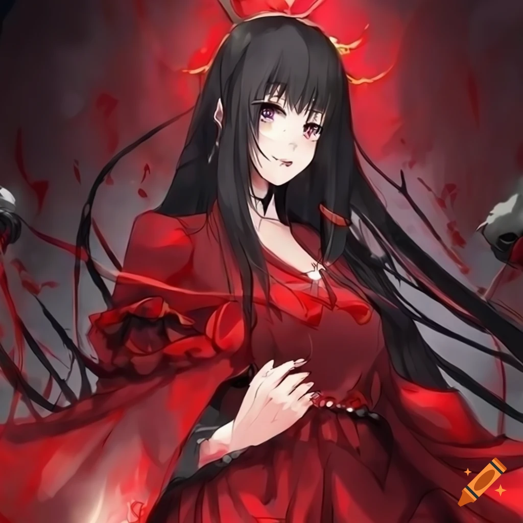 A young woman, manga style. has red eyes . has dark brown hair , in a  square haircut. wears a black dress and a red skirt. wears a little golden  crown