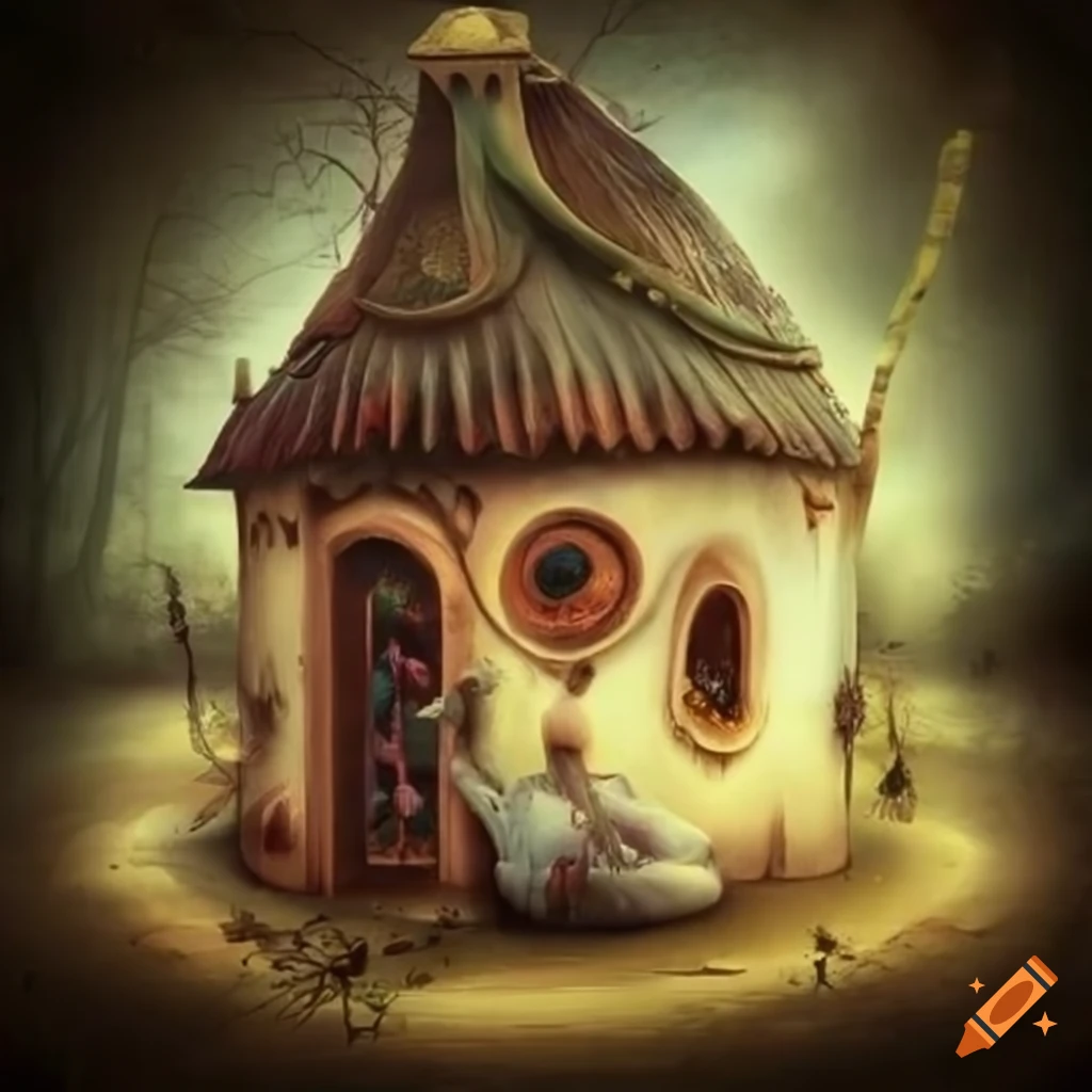 Surrealist artwork of an enchanted forest with a candy house on Craiyon