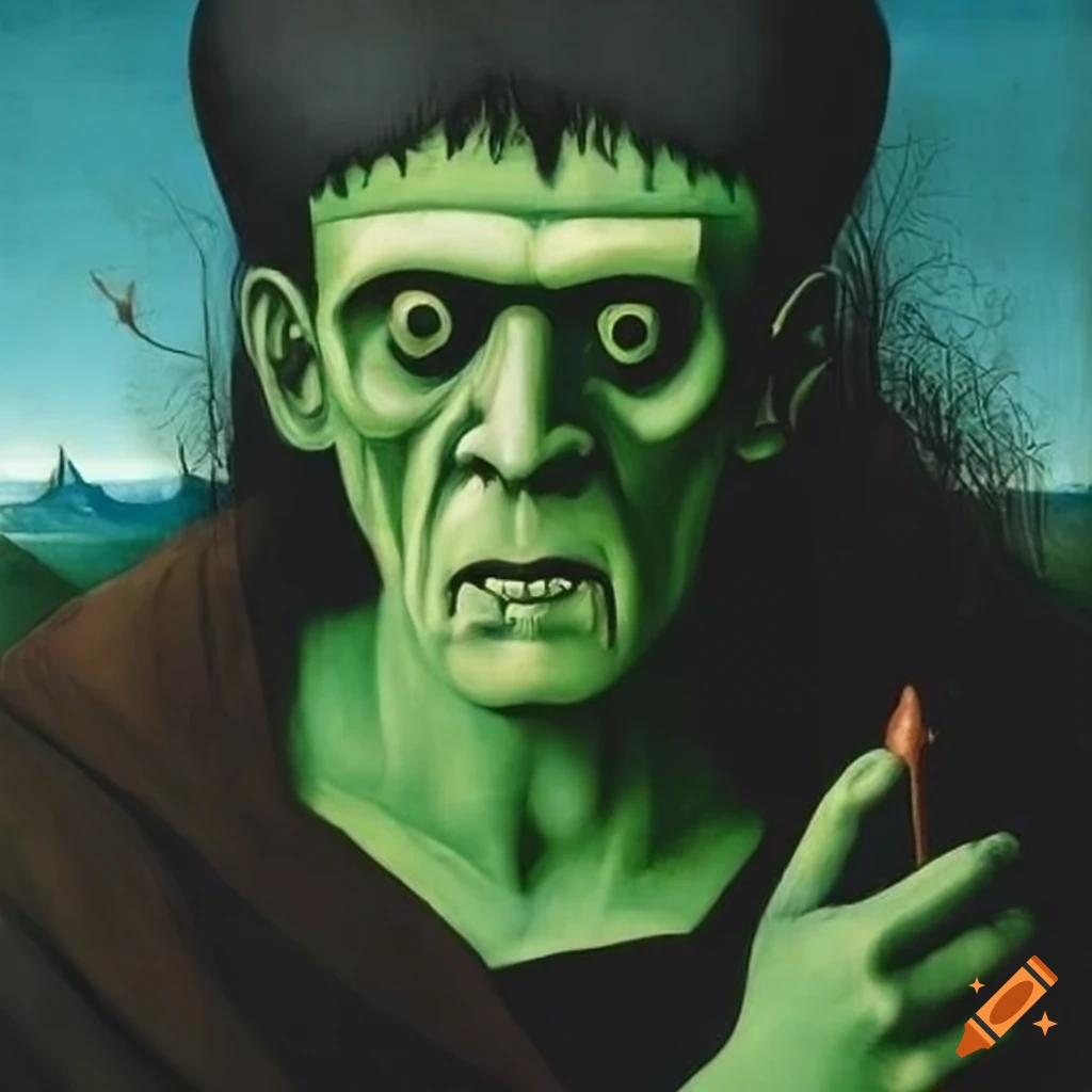 Painting of frankenstein in the style of hieronymus bosch