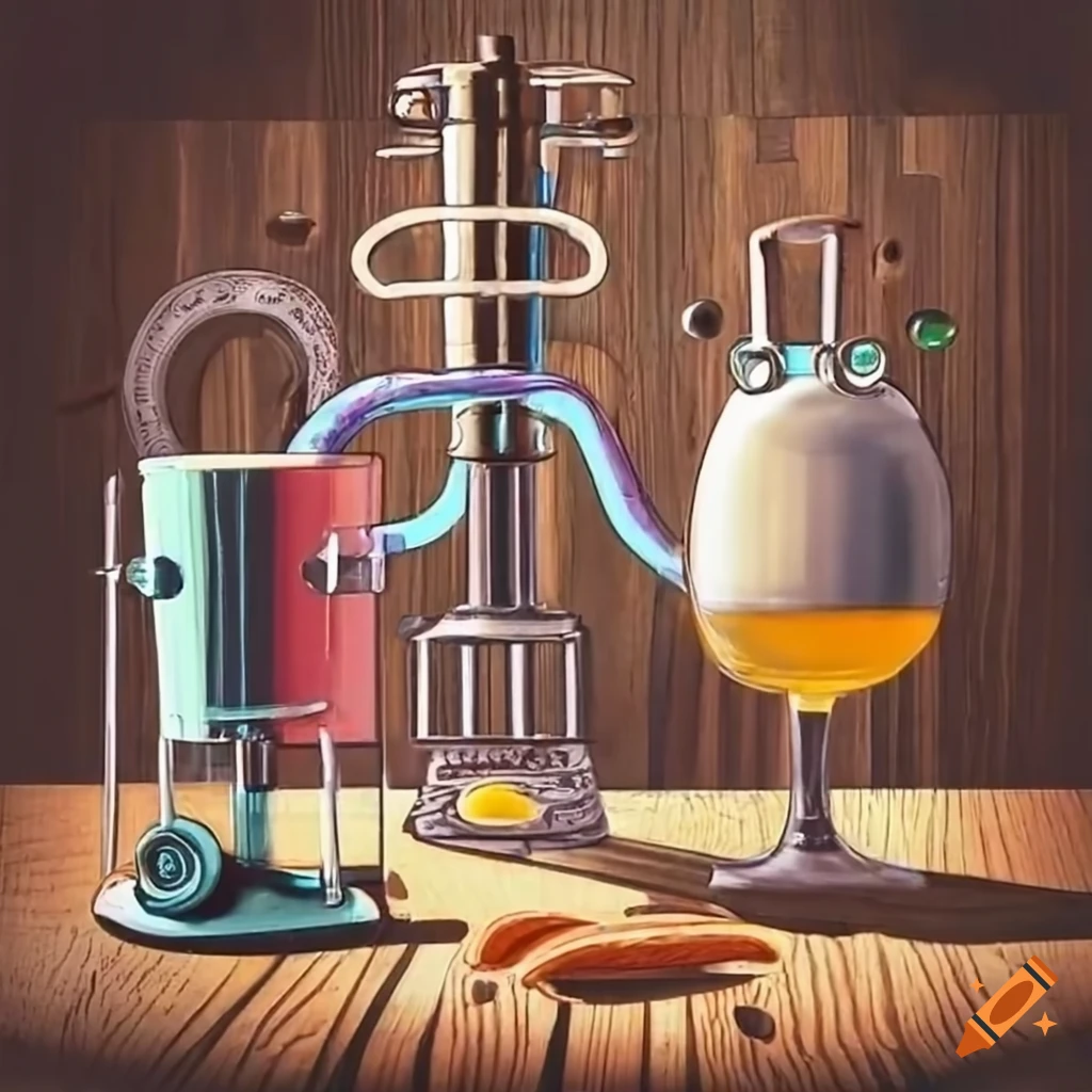 Craft beer ingredients and brewing equipment on a wooden table