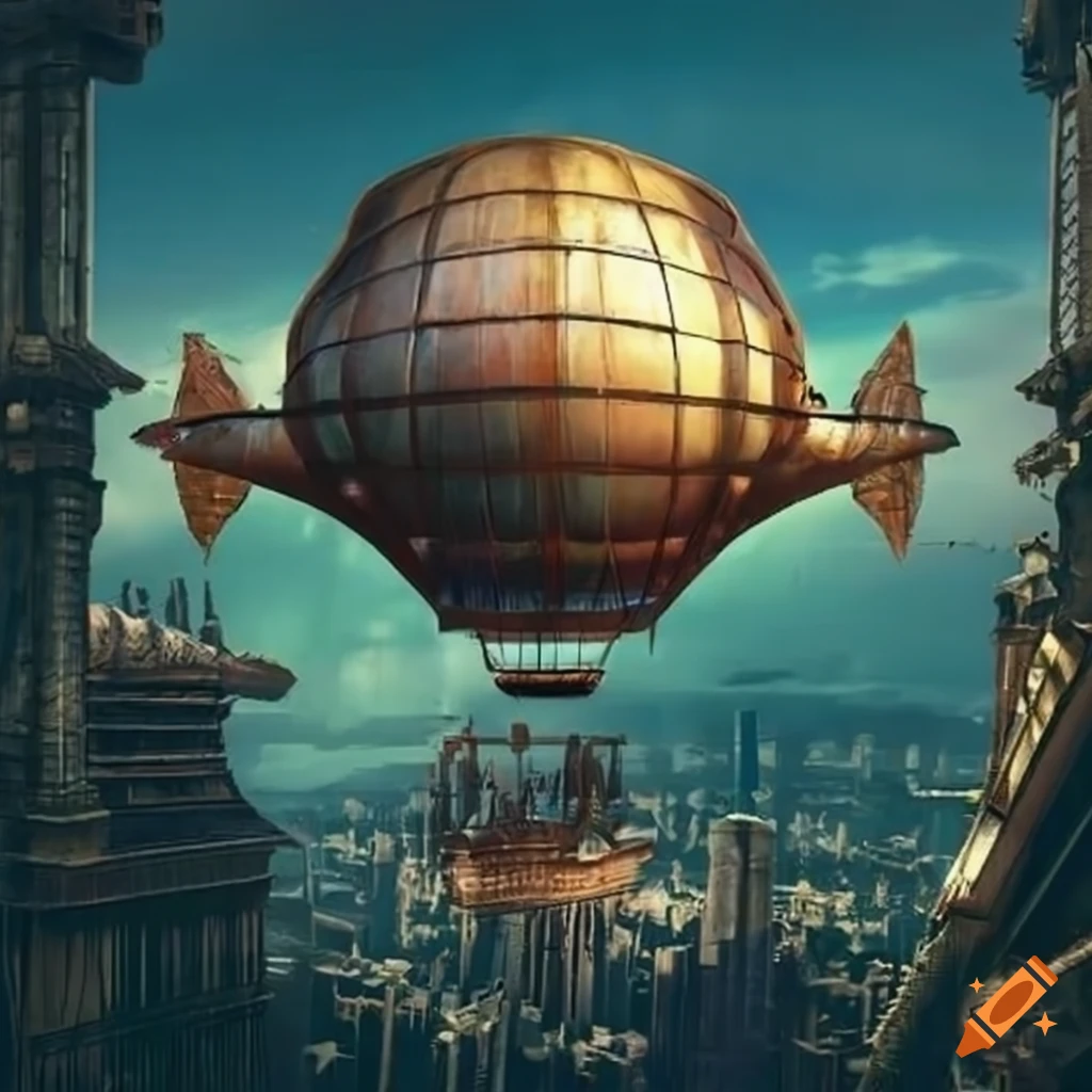 Steampunk airship flying over a tropical city