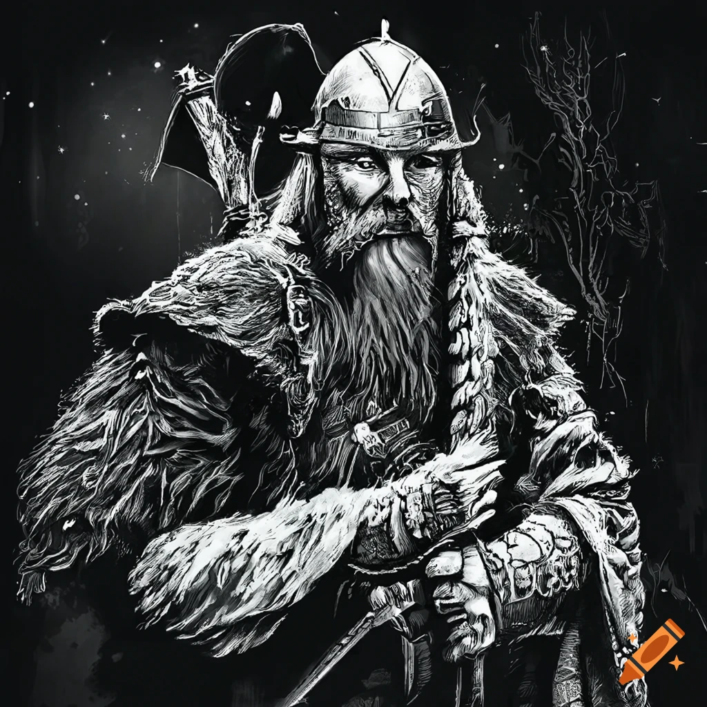 black and white illustration of vikings in snowy landscape