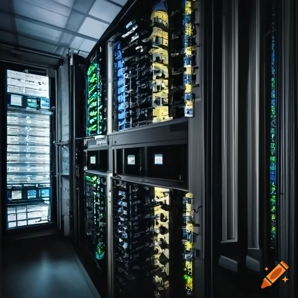 Server room with rows of computers and equipment on Craiyon