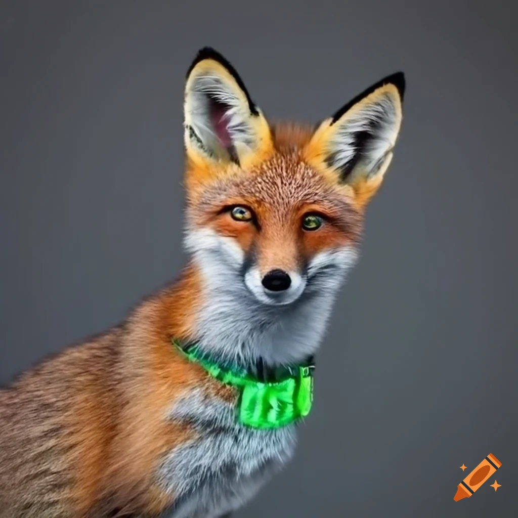 fox with a black and neon green collar