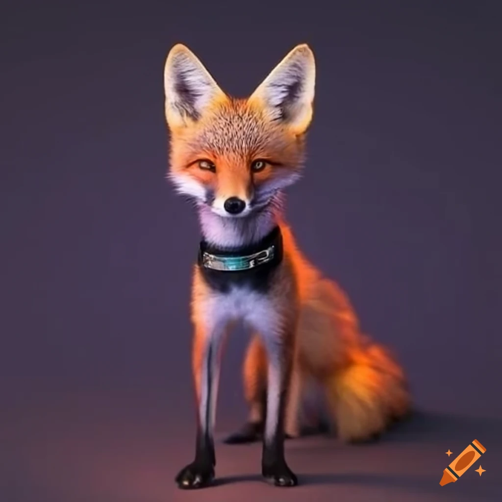 fox with a black collar illuminated by neon lights