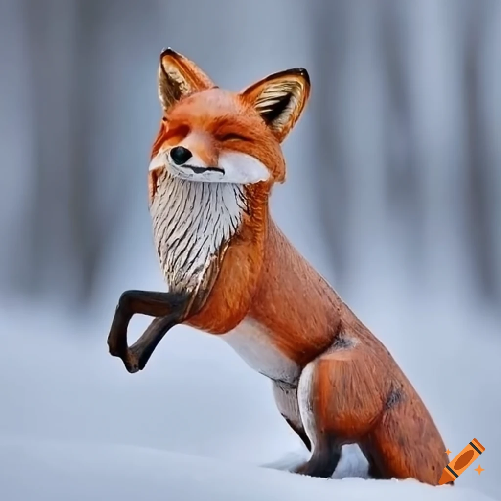 wood carving of a fox running in the snow