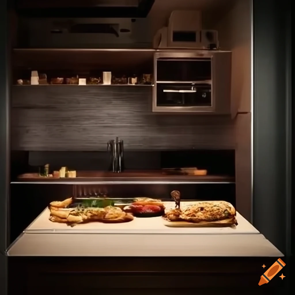 Kitchen counter with microwave oven and grilled food on Craiyon