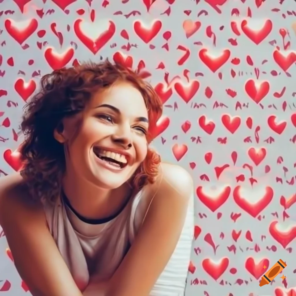 smiling woman in front of heart-patterned wallpaper
