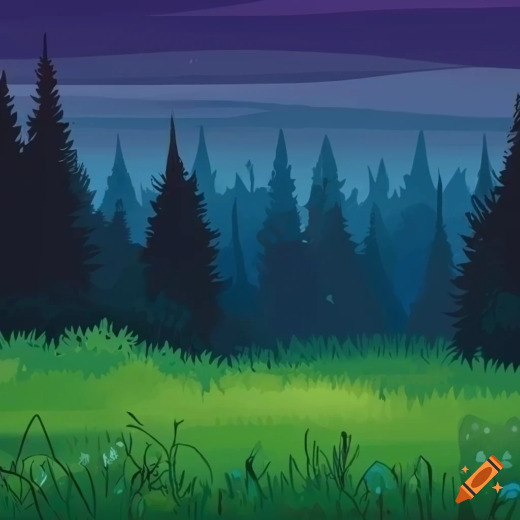 cartoon illustration of an evening meadow with a dark forest