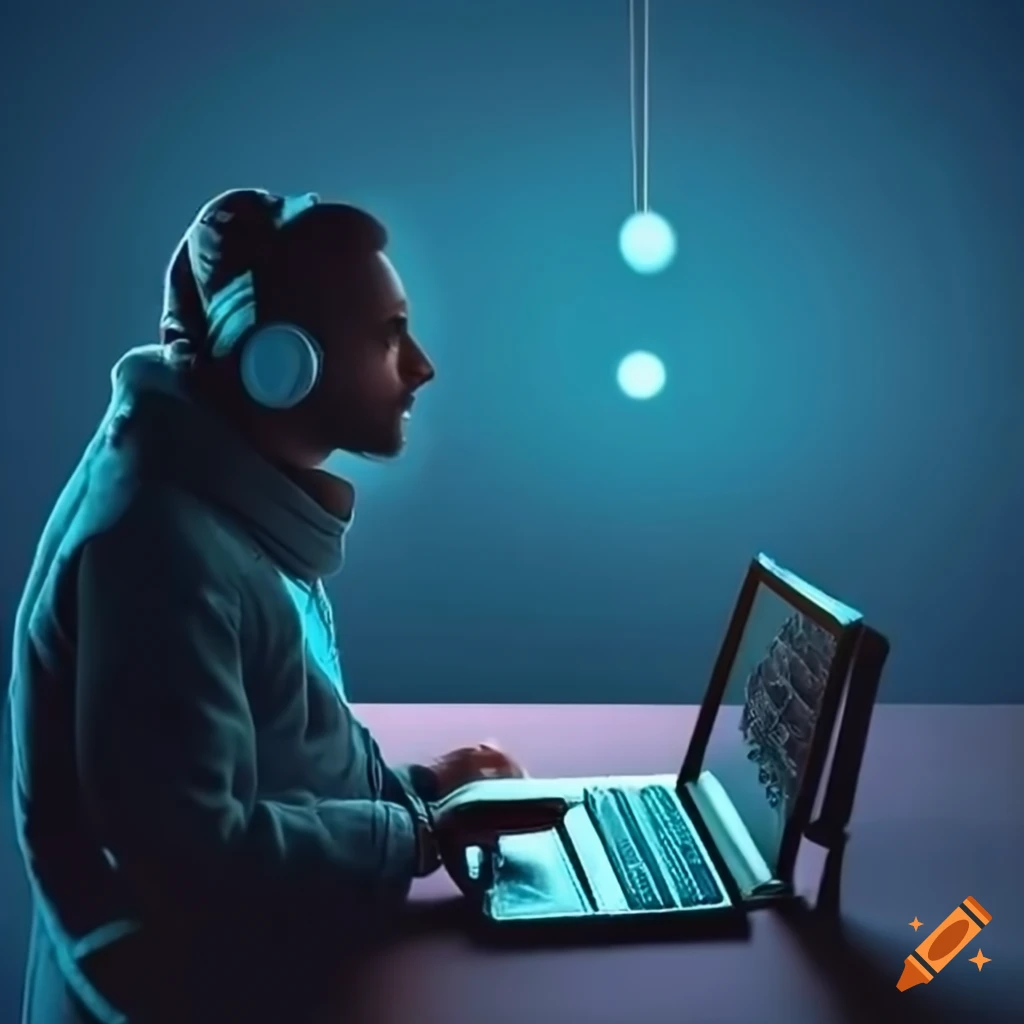man-working-with-earphones-at-night-in-winter-on-craiyon