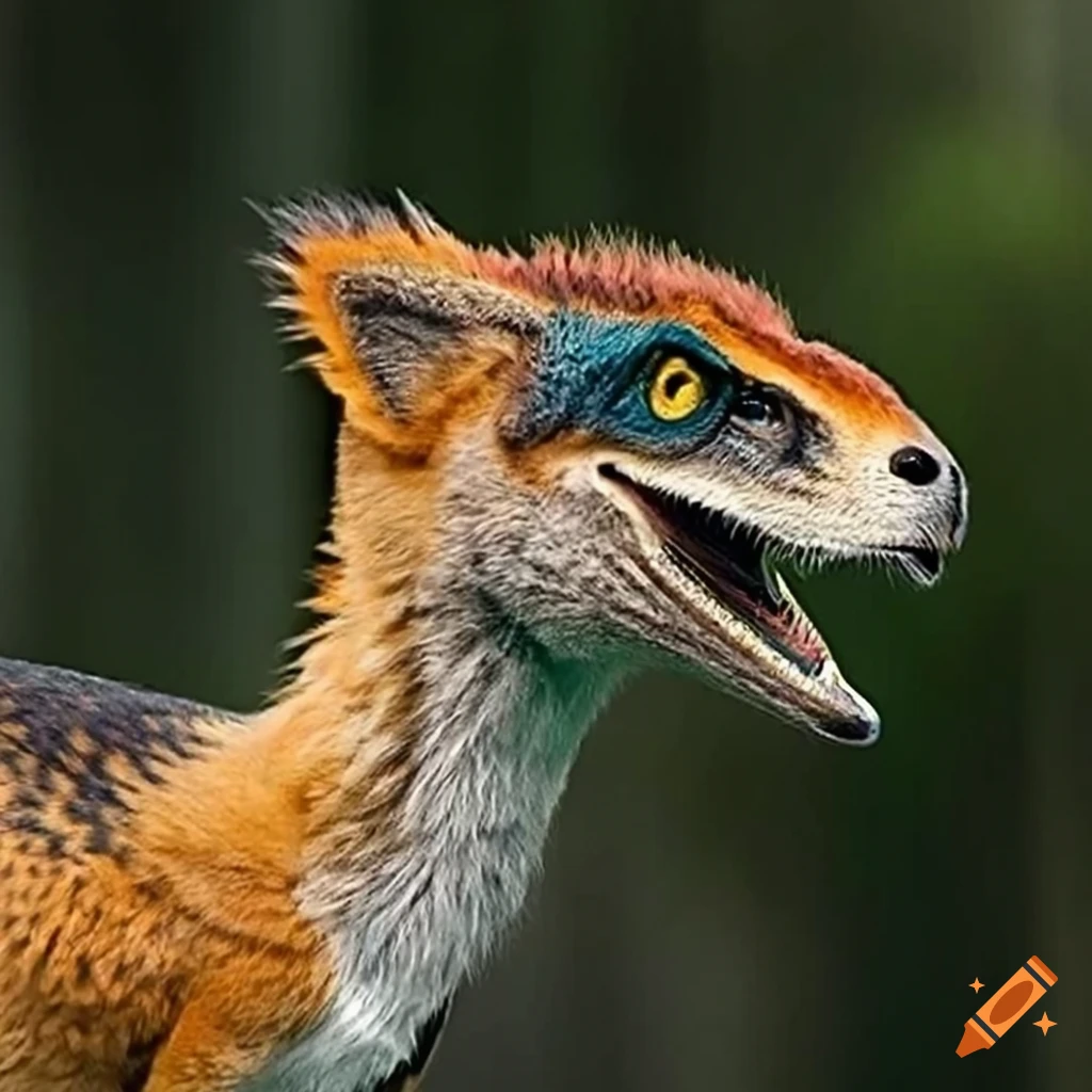 digital art of a Velociraptor and fox hybrid roaring in a forest