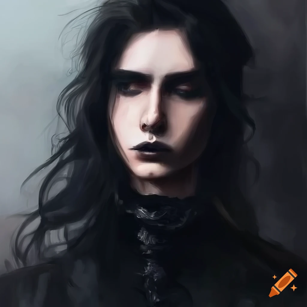 moody oil painting of a man with long black hair and gothic attire