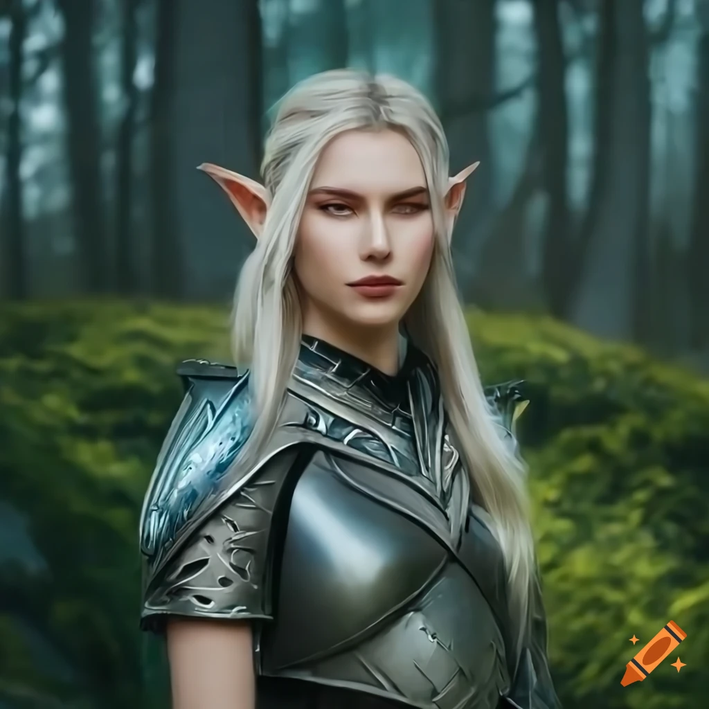 Female elf warrior with long platinum blond hair and fabric and leather