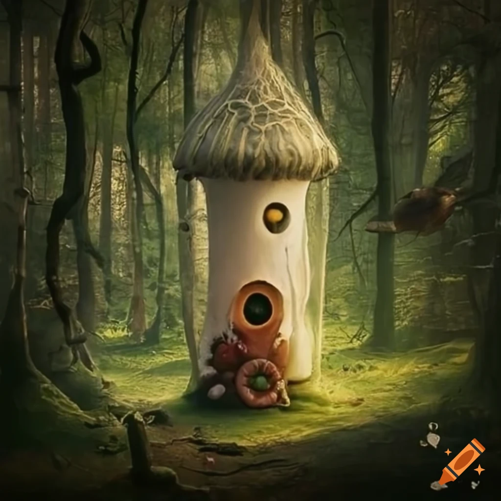 Surrealist artwork of a candy house in an enchanted forest on Craiyon