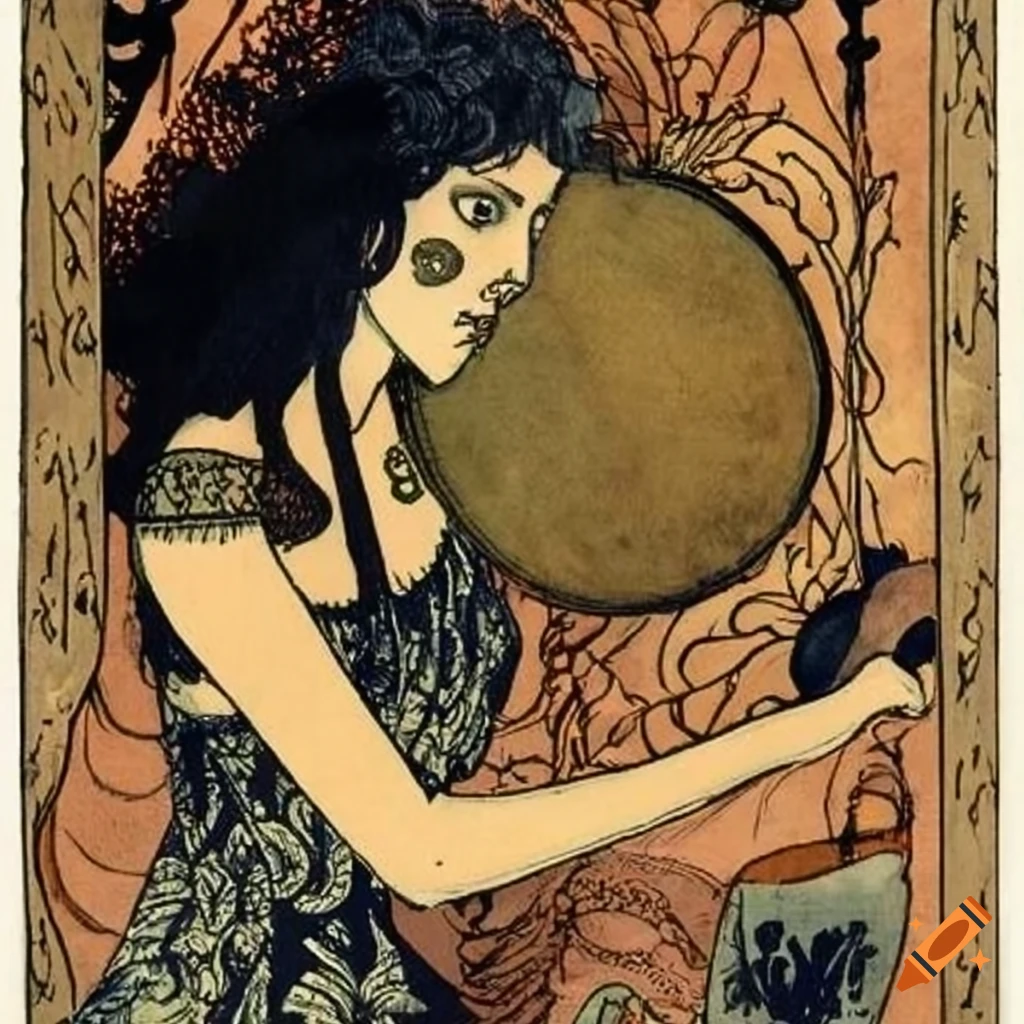 color sketch of a shaman drum by Aubrey Beardsley