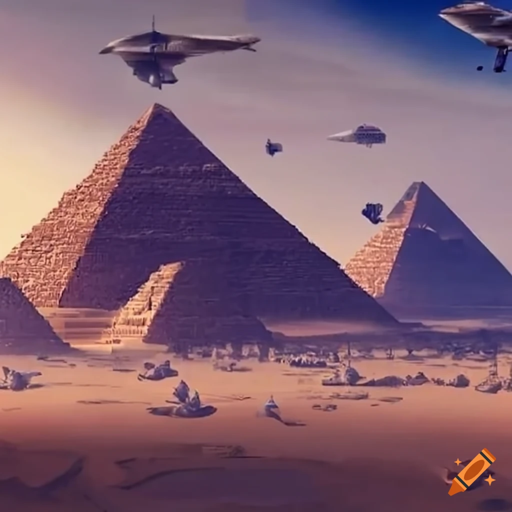 alien ships hovering above the pyramids