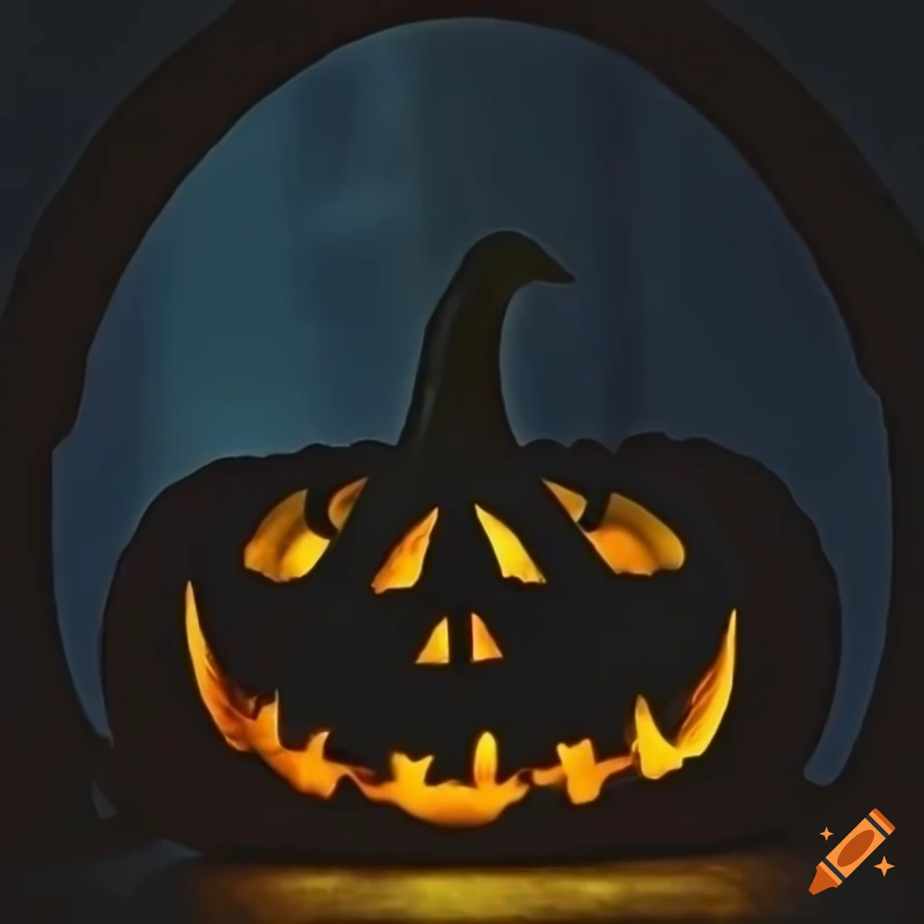 eerie gothic artwork with glowing pumpkin and candlelight in a mirror
