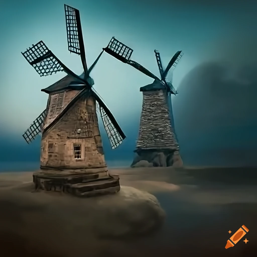 hyperrealistic photo of windmills captured from behind