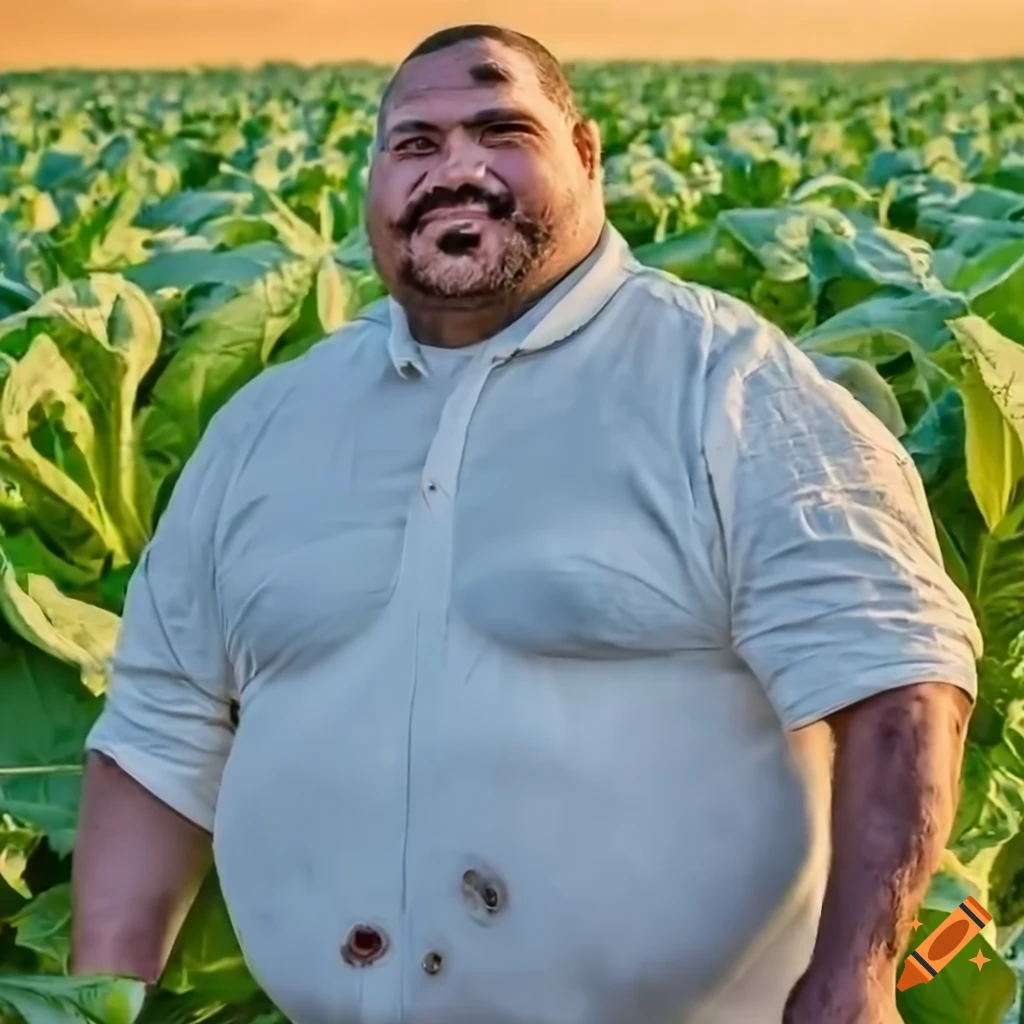 photograph of a fat strongman standing in a tobacco field