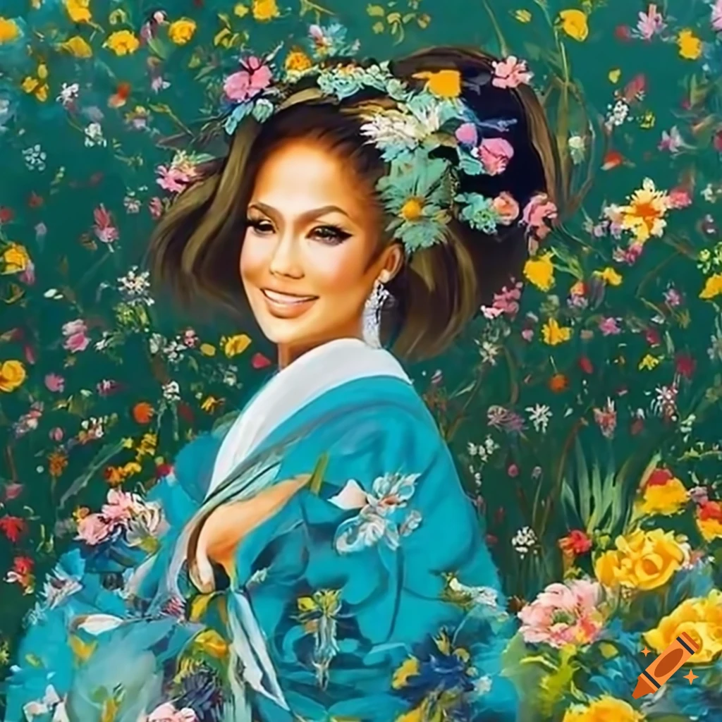 Painting of jennifer lopez in a flower garden on Craiyon