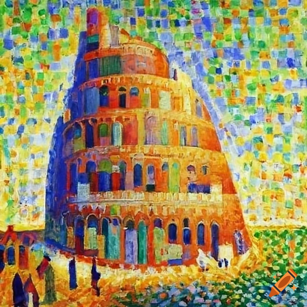 Babel Tower in the style of Seurat