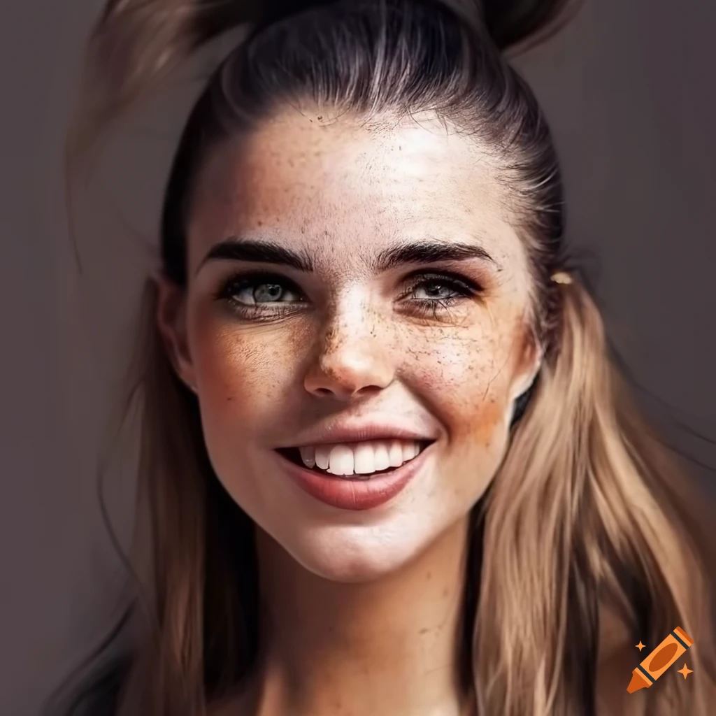 Portrait of a smiling young woman with freckles and dark hair on Craiyon