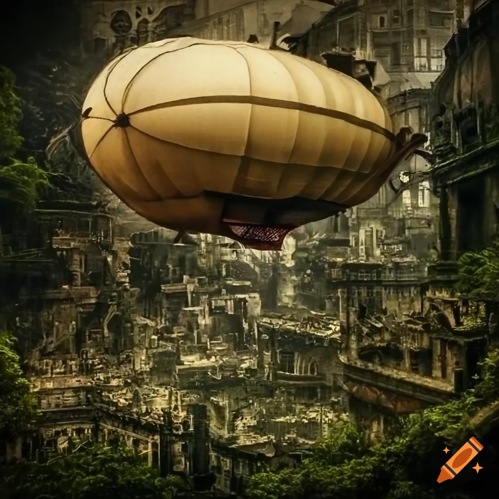 steampunk airship flying over a jungle-covered city