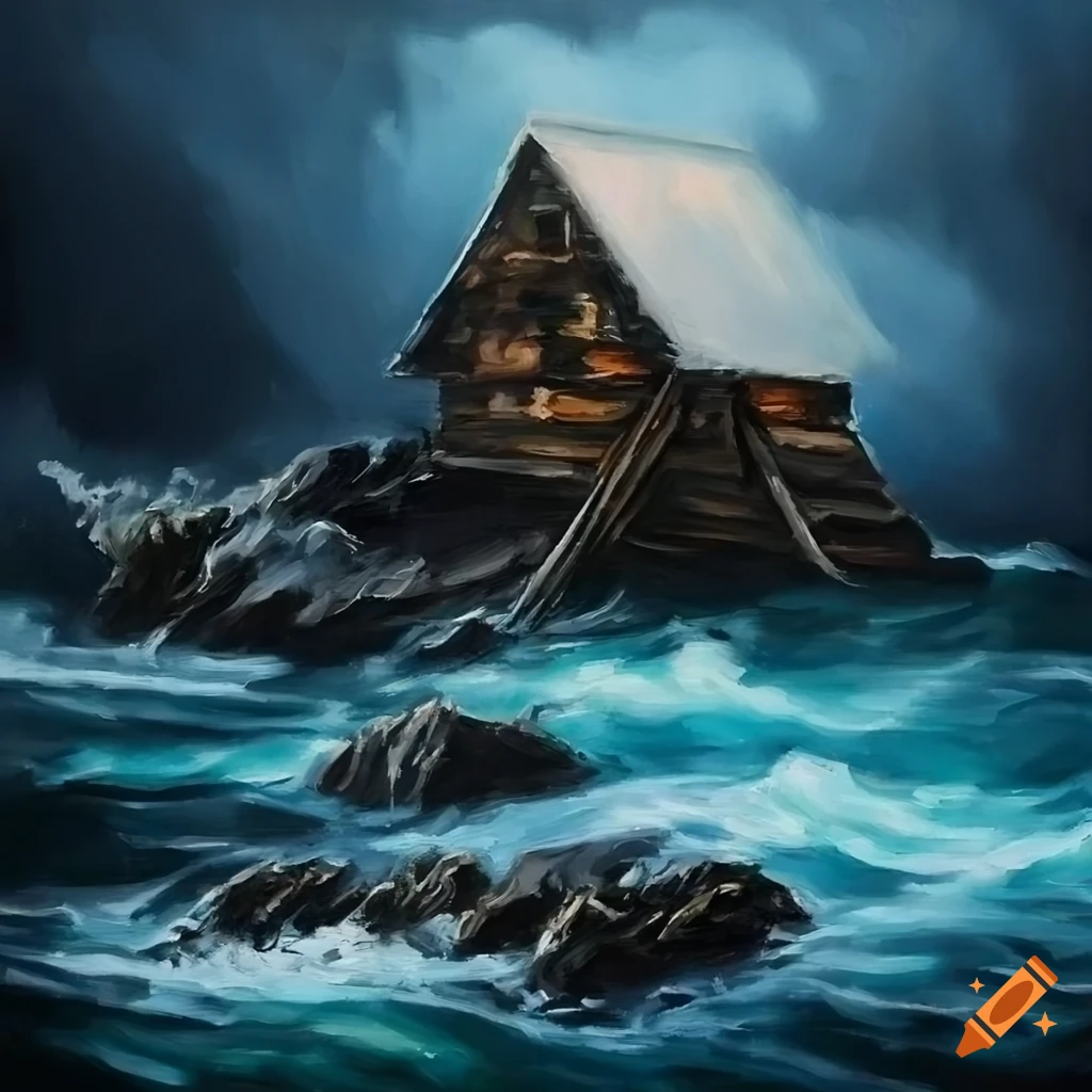 dramatic oil painting of a house on rocky waves