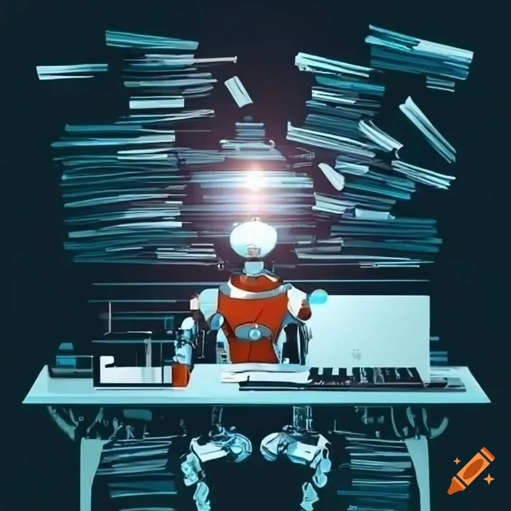 robot working at a desk with stacks of papers