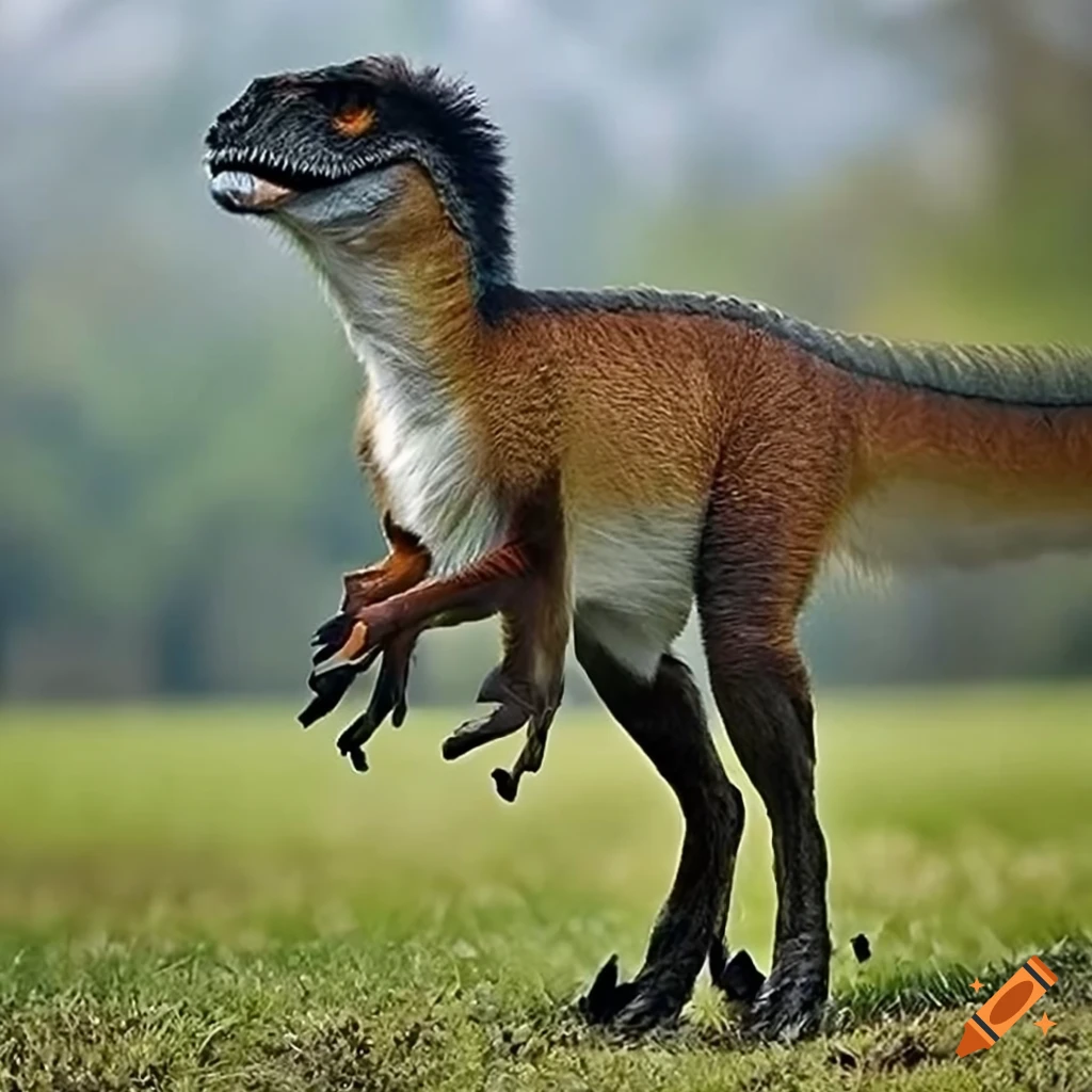 digital art of a Velociraptor and fox hybrid roaring in a forest