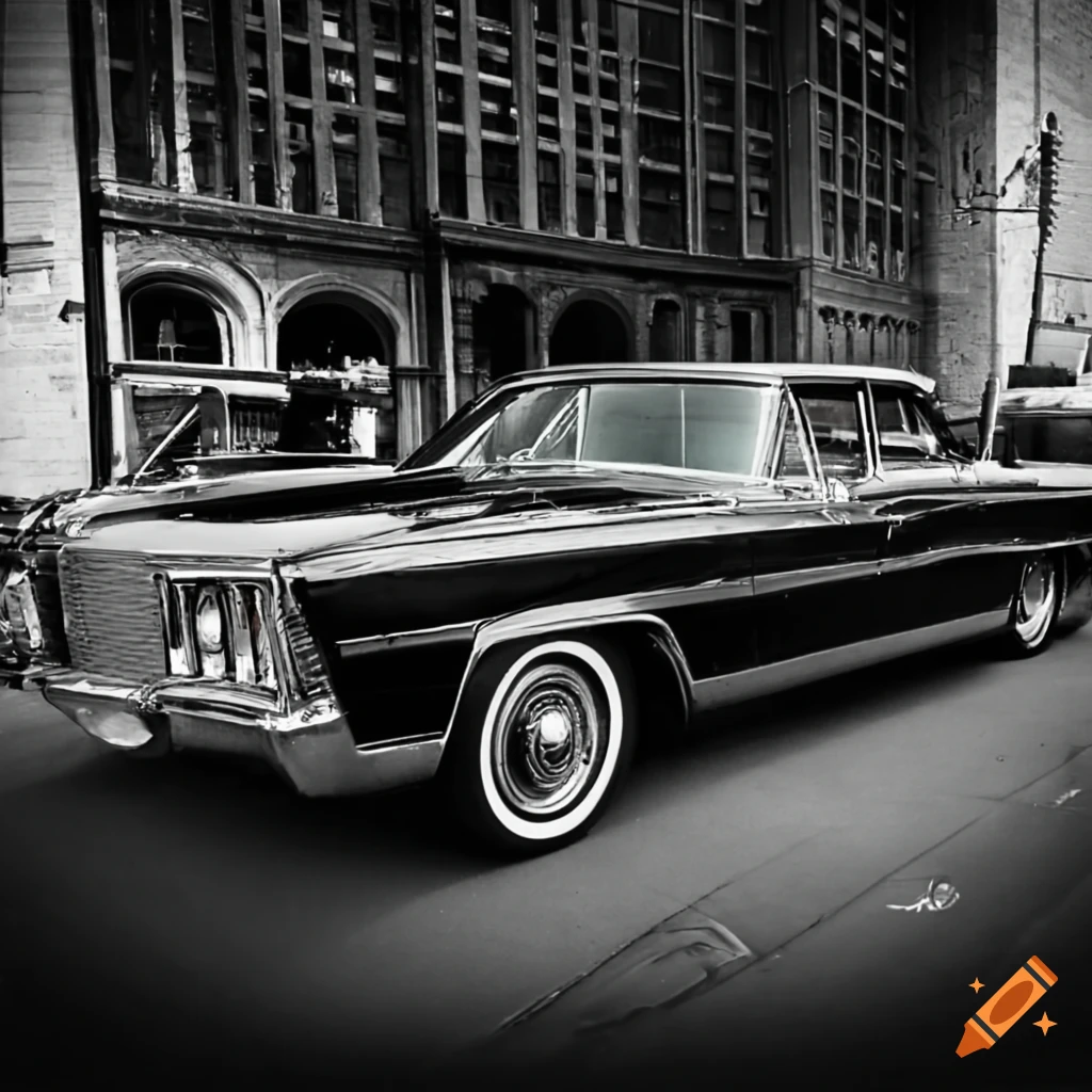 monochrome photo of a Black Chrysler Crown Imperial in downtown Detroit