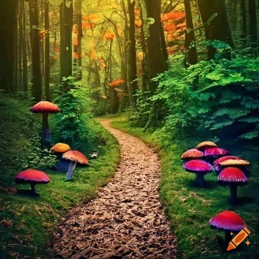 Path through a vibrant forest with colorful mushrooms on Craiyon