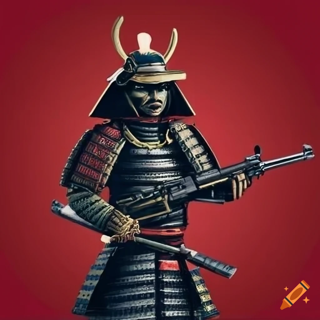 Samurai soldier with machine gun on red background on Craiyon