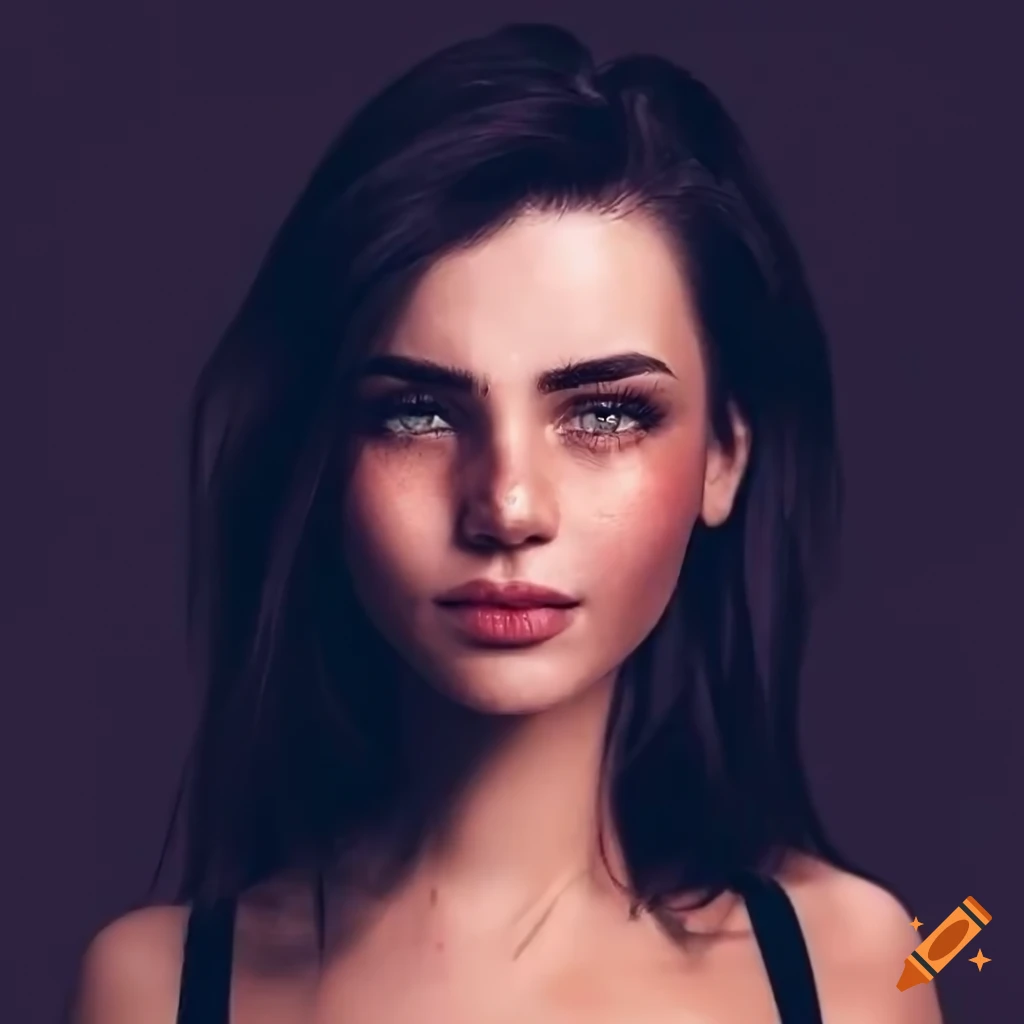 Portrait of a beautiful young woman with freckles and dark hair on Craiyon