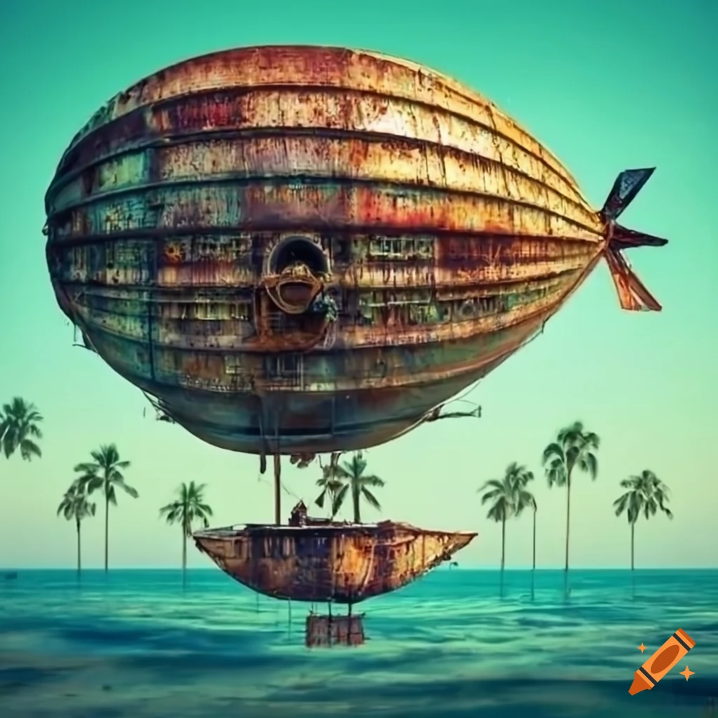 tropical steampunk city with a rusted airship