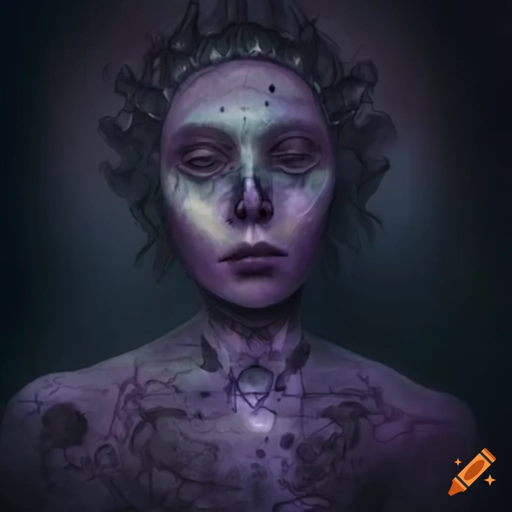 Intricate biopunk artwork with symbolic shapes and equations