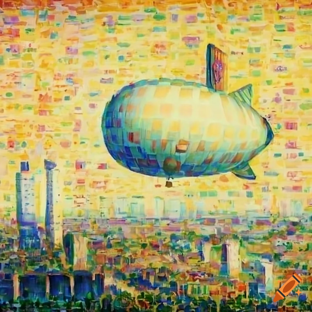 futuristic city with an airship inspired by Seurat