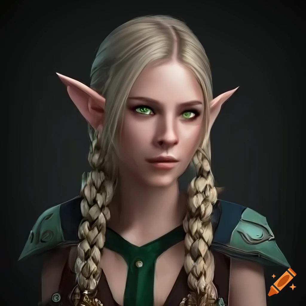 Realistic image of a young female elf in brown leather armor by a river
