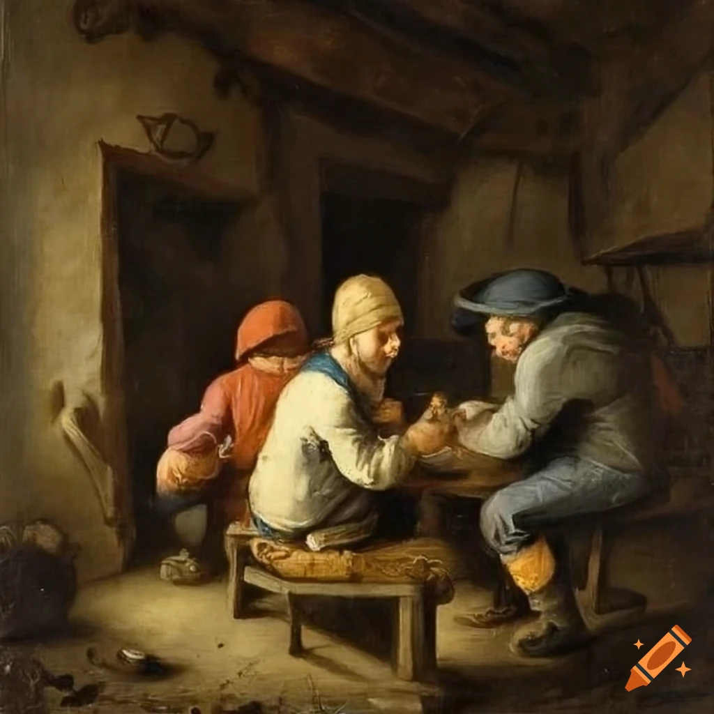 painting of farmers enjoying drinks and games in a tavern