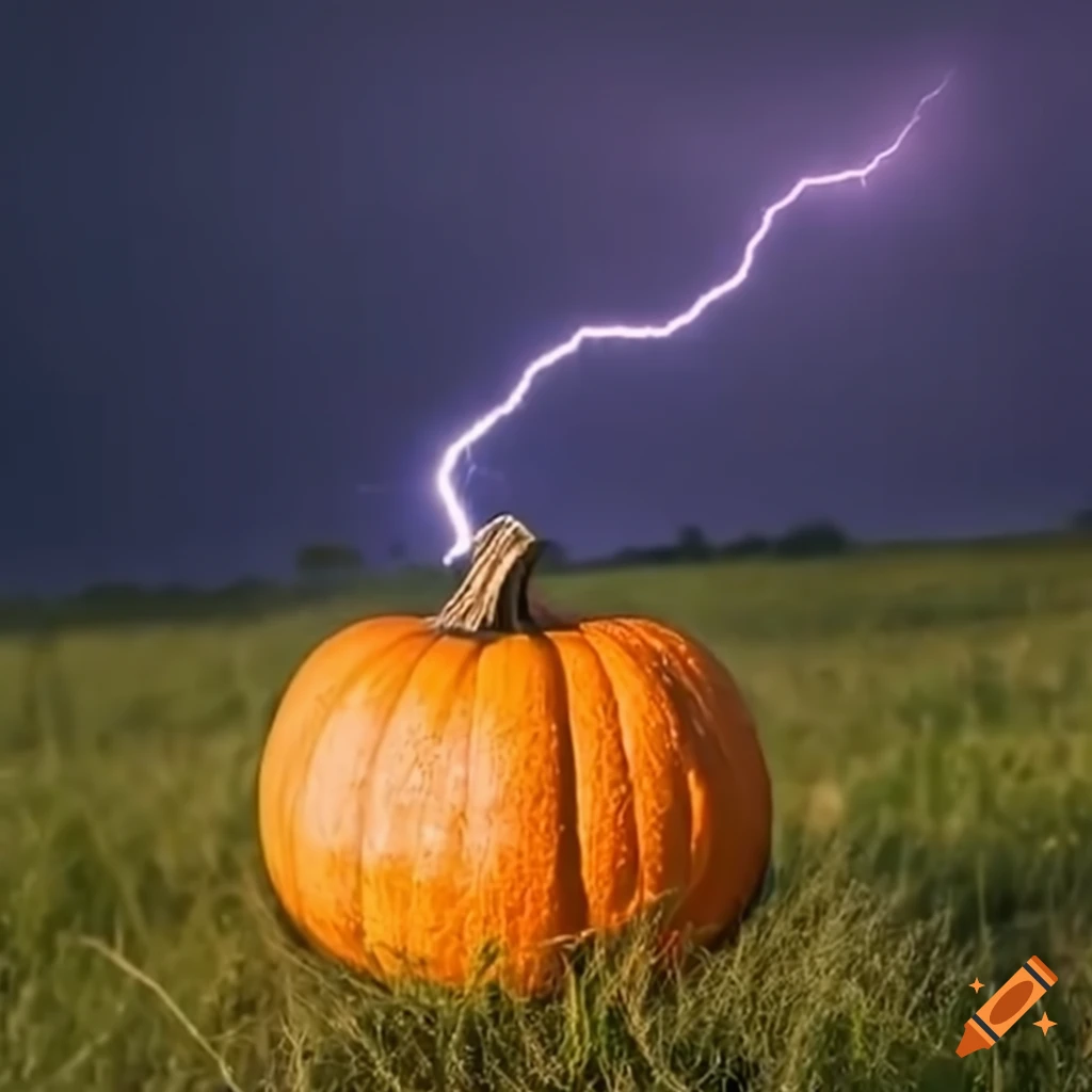 lightning striking a pumpkin in a grassy field