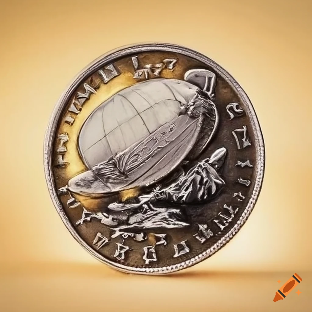 silver coin with an airship design