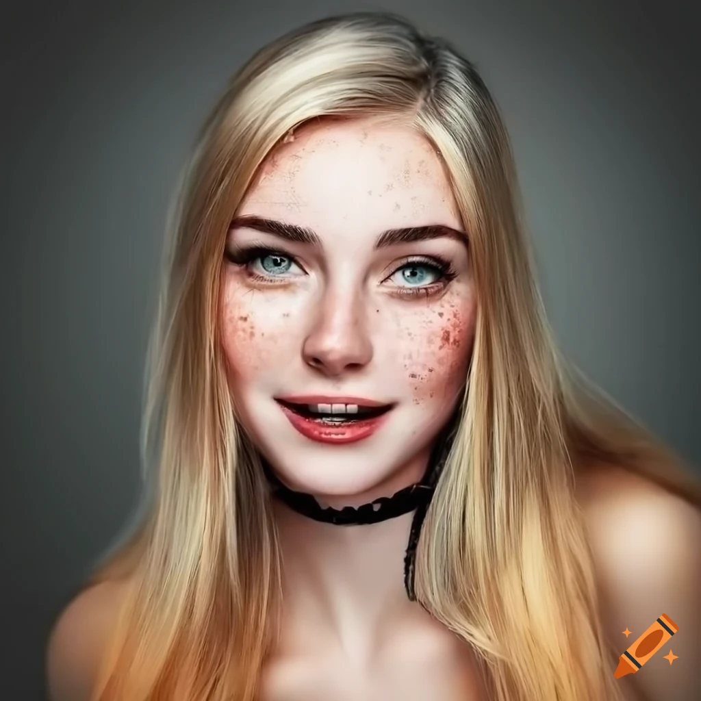Portrait of a beautiful young woman with freckles and blonde hair on ...