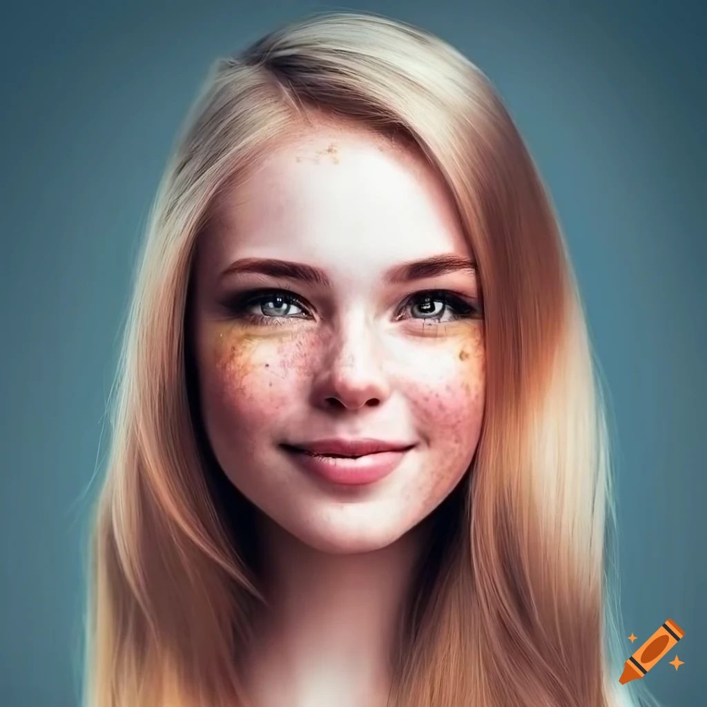 Portrait of a beautiful young woman with freckles and blonde hair on ...