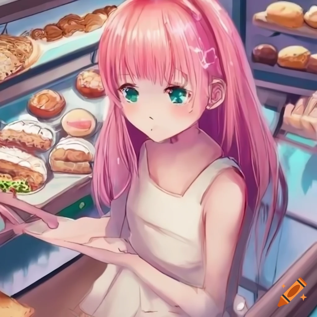 Premium Photo | Anime girl in a bakery with a cake and cupcakes generative  ai