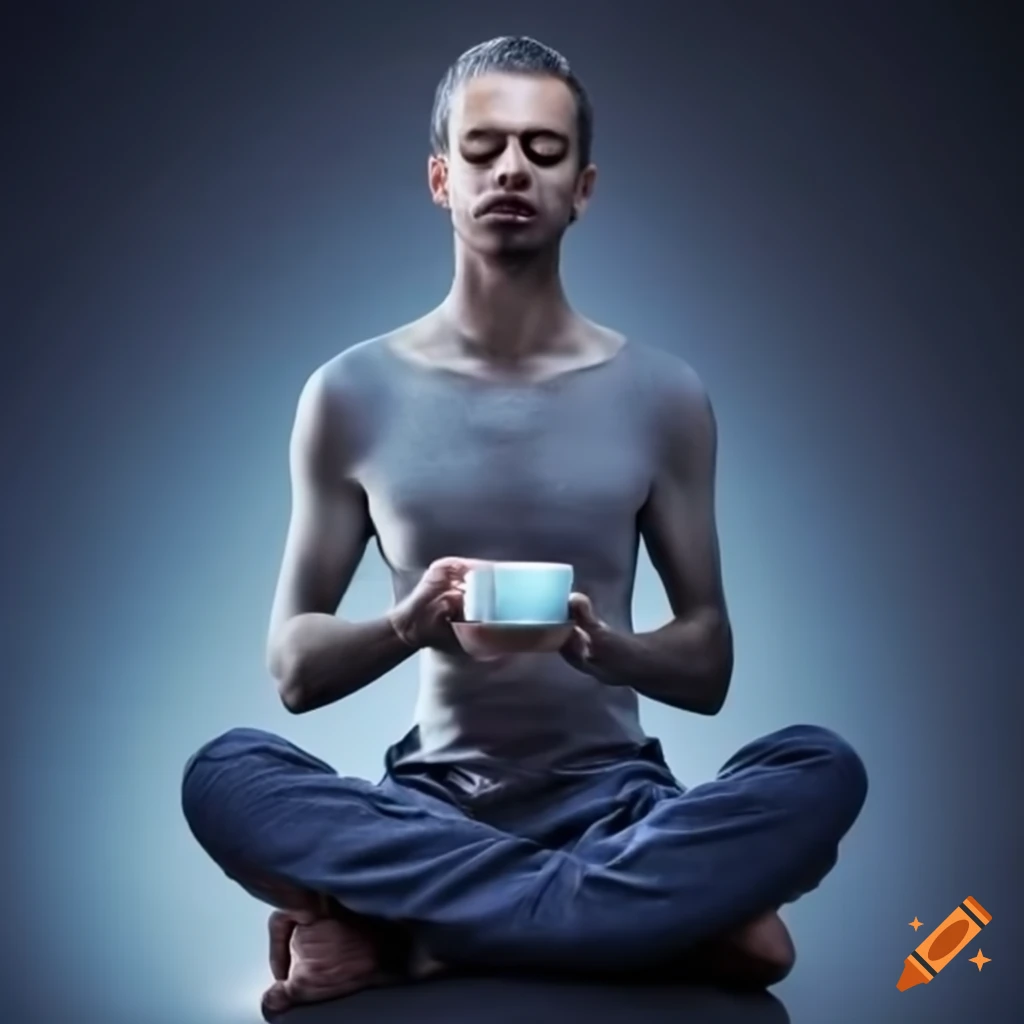 man meditating with a cup