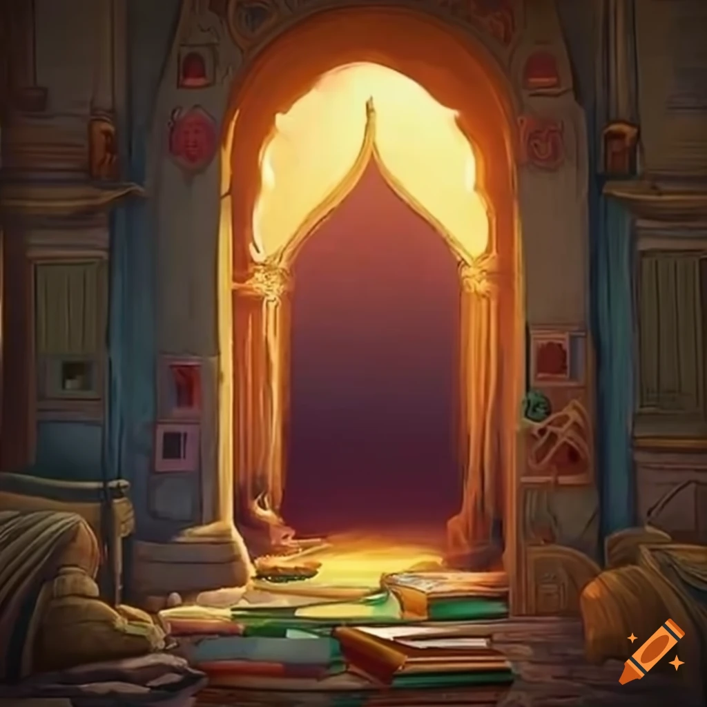 Magical scene of books opening like doors on Craiyon